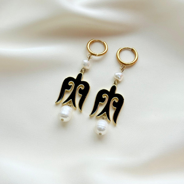 Серьги "Карлыгаш" черные в золоте с жемчугом